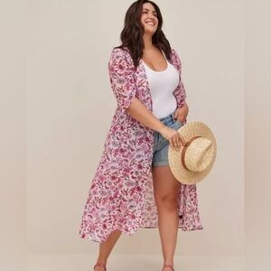 Torrid Chiffon Ruched Sleeve Kimono In Pink Floral Metallic Gold 3X Boho Indie